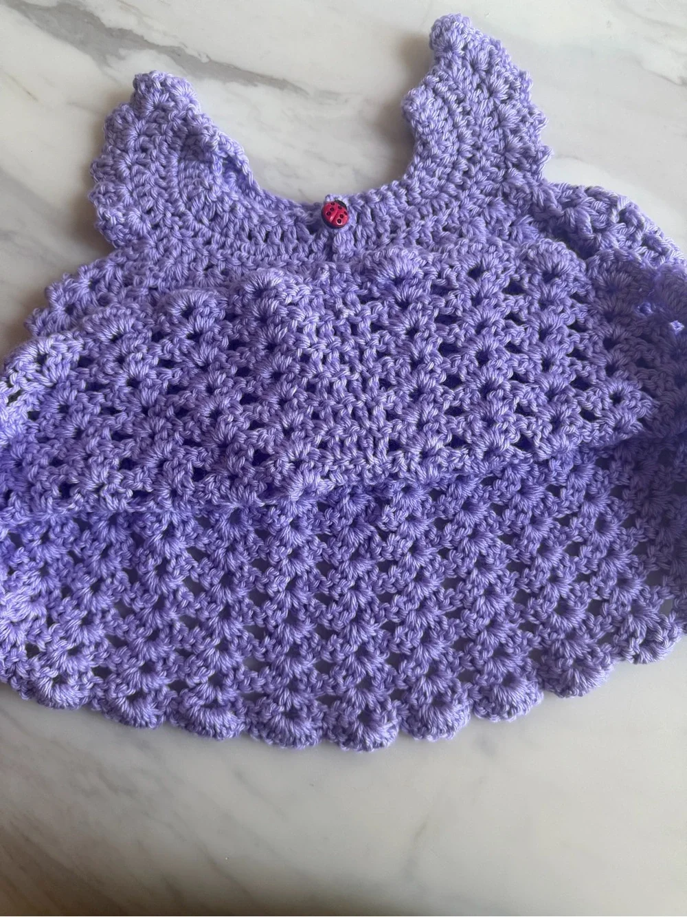 Handmade Crochet Baby Girl Lavender Purple Dress Ladybug Button 6-9 Months